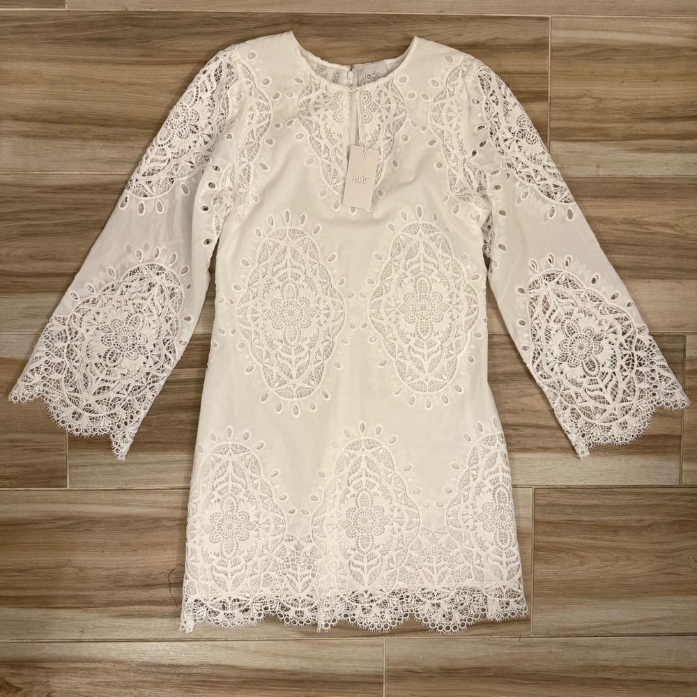 NWT Johnny Was Elandra Shift Dress White Eyelet Lace Bell Sleeve Boho Mini Sm S